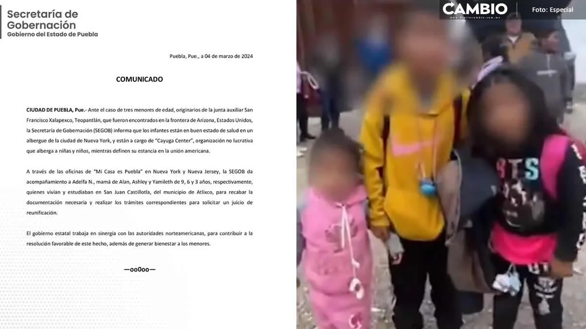Confirma Segob que niñitos abandonados por ‘coyote’ no son de Atlixco, sino de Teopantlán