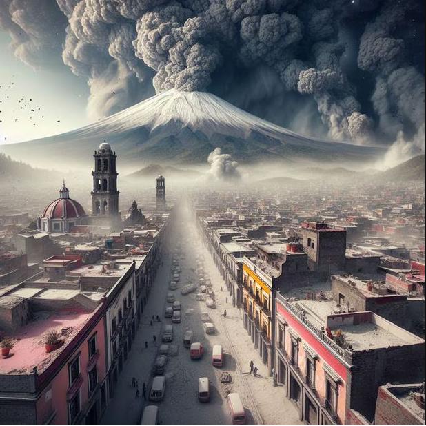Simulación de IA de Puebla bajo la ceniza del Popocatépetl