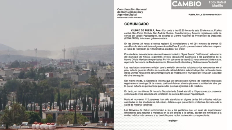 Alertan por caída de ceniza en cinco municipios derivada de la actividad del volcán Popocatépetl