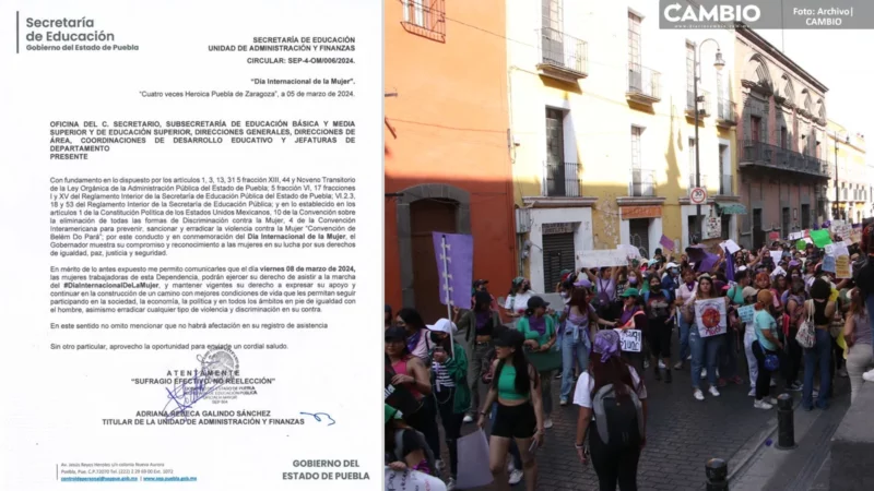 Trabajadoras pueden asistir a la marcha del 8M en Puebla: SEP