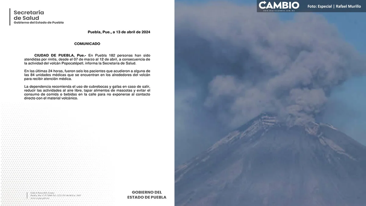 ¡Cuidado! Caída de ceniza del Popocatépetl provoca rinitis a 182 poblanos