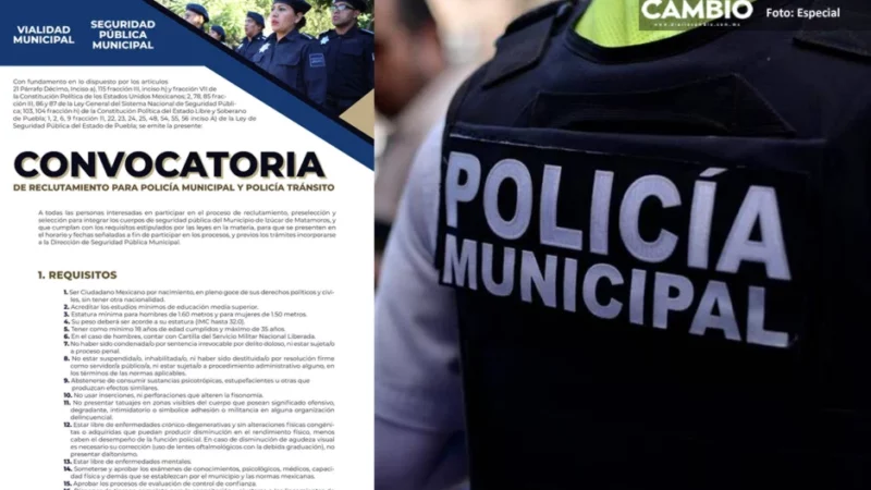 Gobierno de Izúcar abre convocatoria para policía municipal