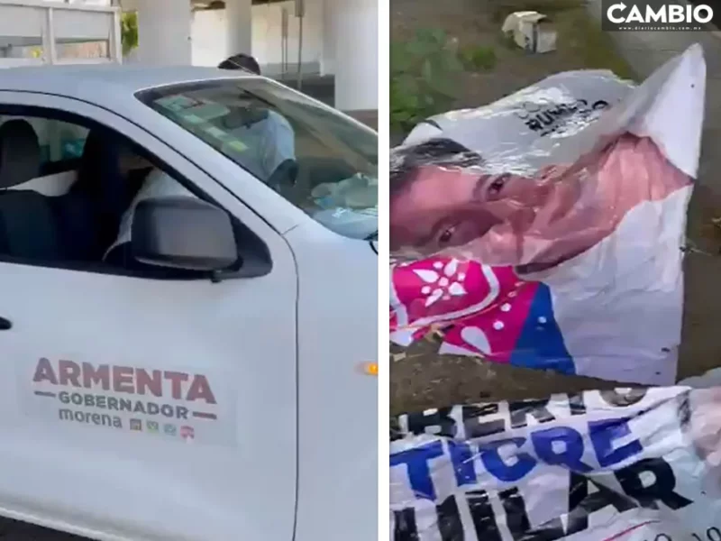 Exhiben quitando lonas de Humberto Aguilar y Lalo Rivera en Cholula (VIDEO)