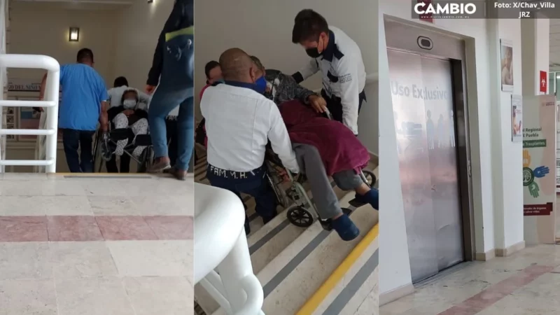 ¡Oootra vez! Fallan elevadores del Issste en Puebla y deben cargar a los pacientes por la escalera