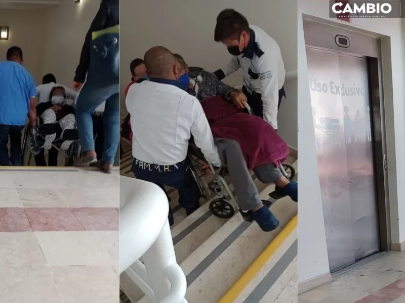 ¡Oootra vez! Fallan elevadores del Issste en Puebla y cargan a pacientes para subir la escalera (FOTOS)