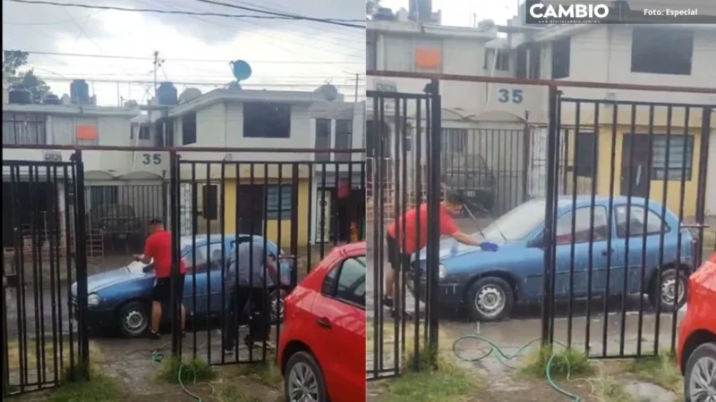 VIDEO: Poblanos se emocionan por la lluvia y aprovechan para lavar su auto