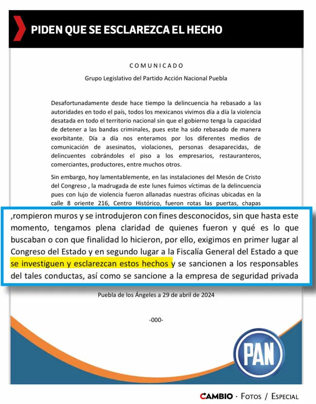 Comunicado del Grupo Legistativo del PAN Puebla sobre el allanamiento a la sede alterna del Congreso del Estado