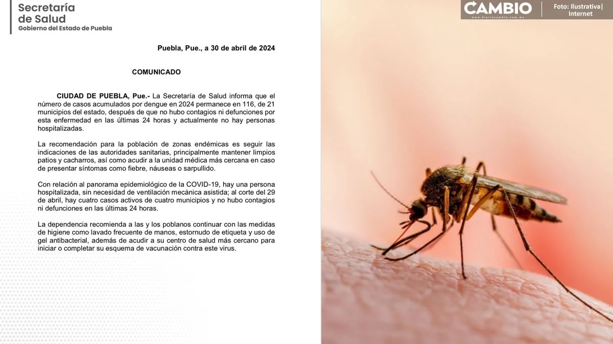 Puebla mantiene bajo control casos de dengue y Covid 19: Secretaría de Salud