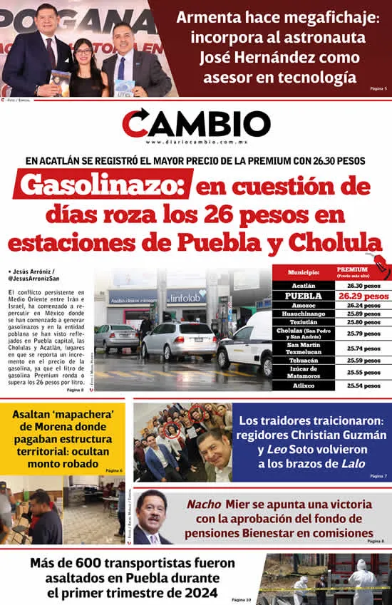 Epaper: Gasolinazo: en cuestión de días roza los 26 pesos en estaciones de Puebla y Cholula
