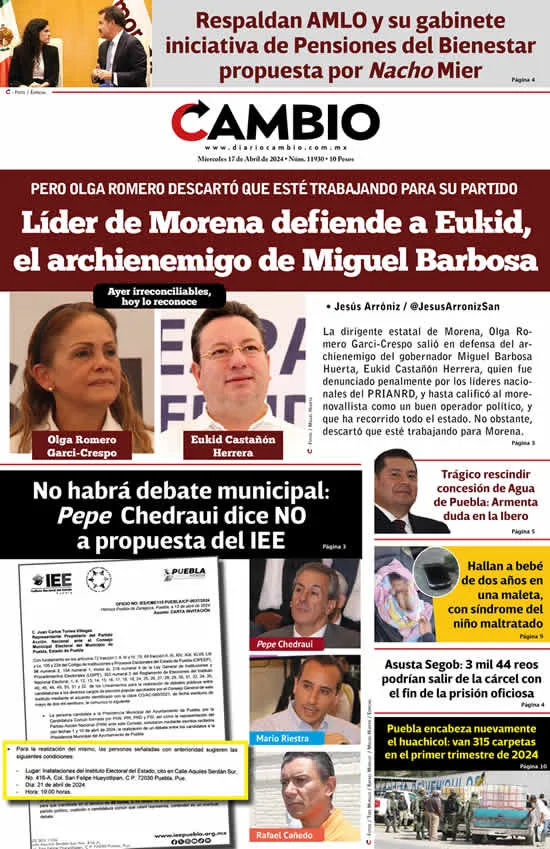 Epaper: Líder de Morena defiende a Eukid, el archienemigo de Miguel Barbosa
