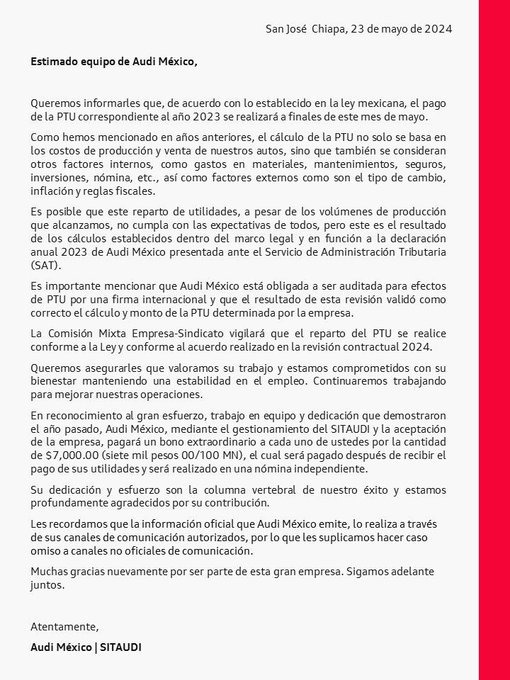 Anuncia Audi reducción en pago de utilidades; ofrece bono de 7 mil pesos