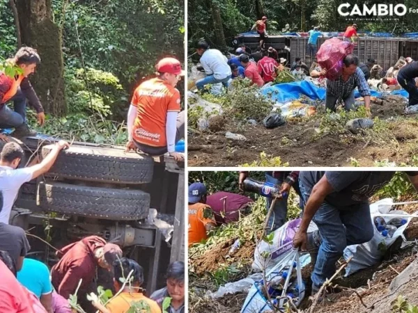 ¡Pepsi gratis! Camión refresquero sufre rapiña tras volcadura en Huauchinango