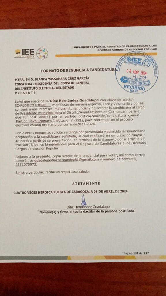 Confirma PRI candidatura de Arelia González en Caxhuacan; boletas aparecerán con el nombre de Guadalupe Díaz