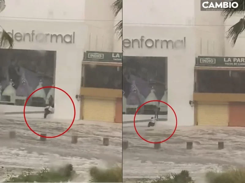 VIDEO: Poblana casi es arrastrada en medio de la tormenta en La Juárez