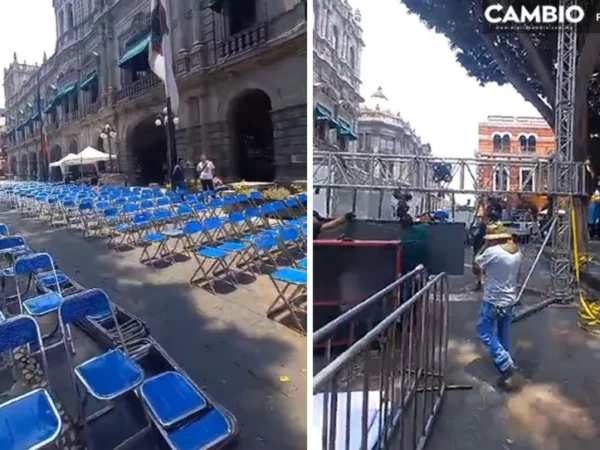 VIDEO: Comienzan a armar escenario en el Zócalo para ver el debate a la gubernatura de Puebla