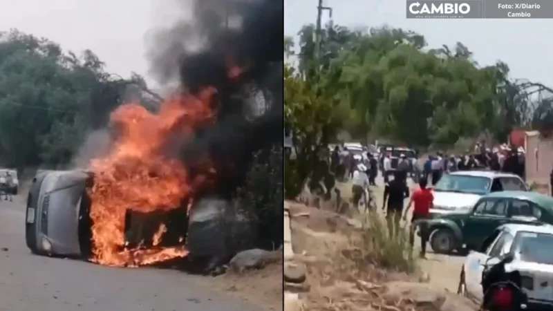 ¡Se arma la grande en Teotlalcingo! Policías rescatan a pareja de linchamiento y pobladores queman camioneta (VIDEO)