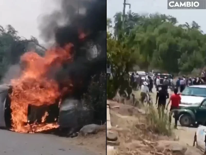 Arde Teotlalcingo: Policías rescatan a pareja de linchamiento y pobladores queman camioneta (VIDEO)