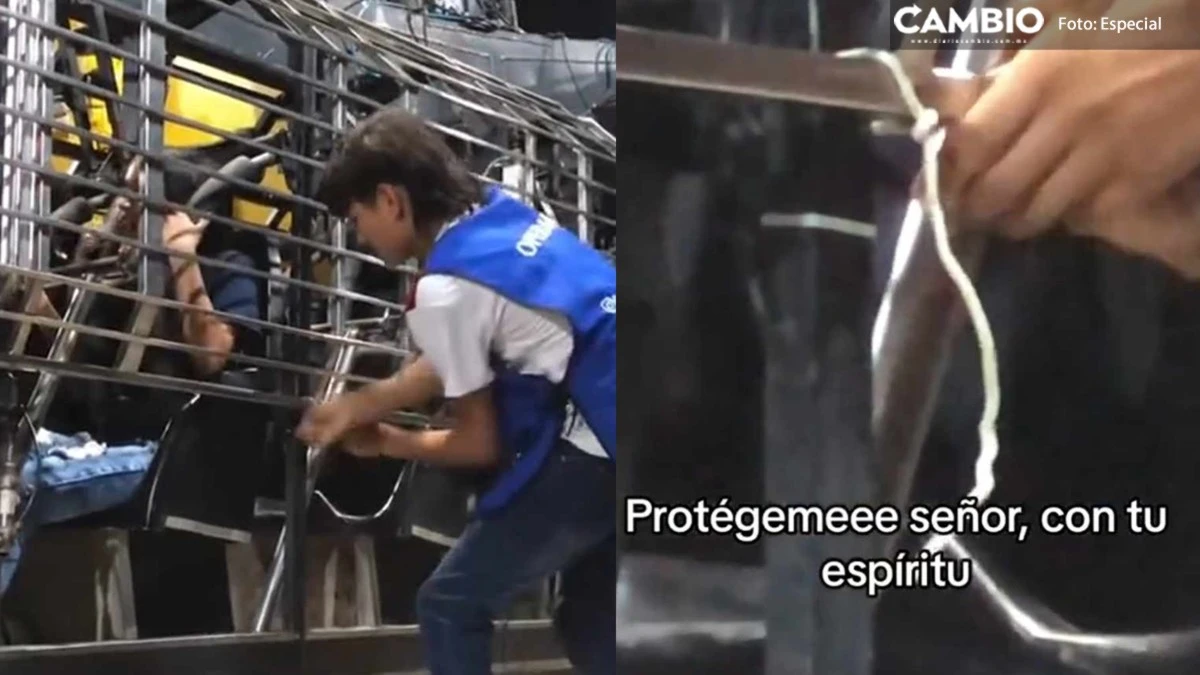 ¡Protégeme Dios! Operador sujeta con alambre puerta de juego mecánico en la Feria de Puebla (VIDEO)