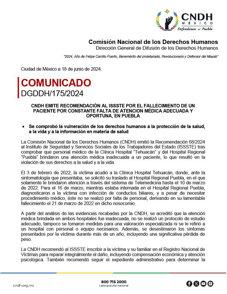 CNDH hace llamado a ISSSTE Tehuacán por violación a derechos de un paciente