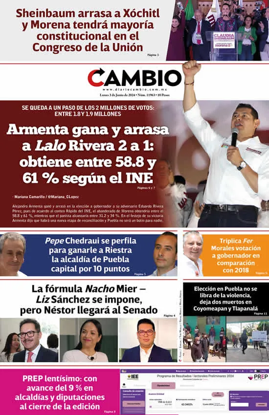 Epaper: Armenta gana y arrasa a Lalo Rivera 2 a 1: obtiene entre 58.8 y 61 % según el INE