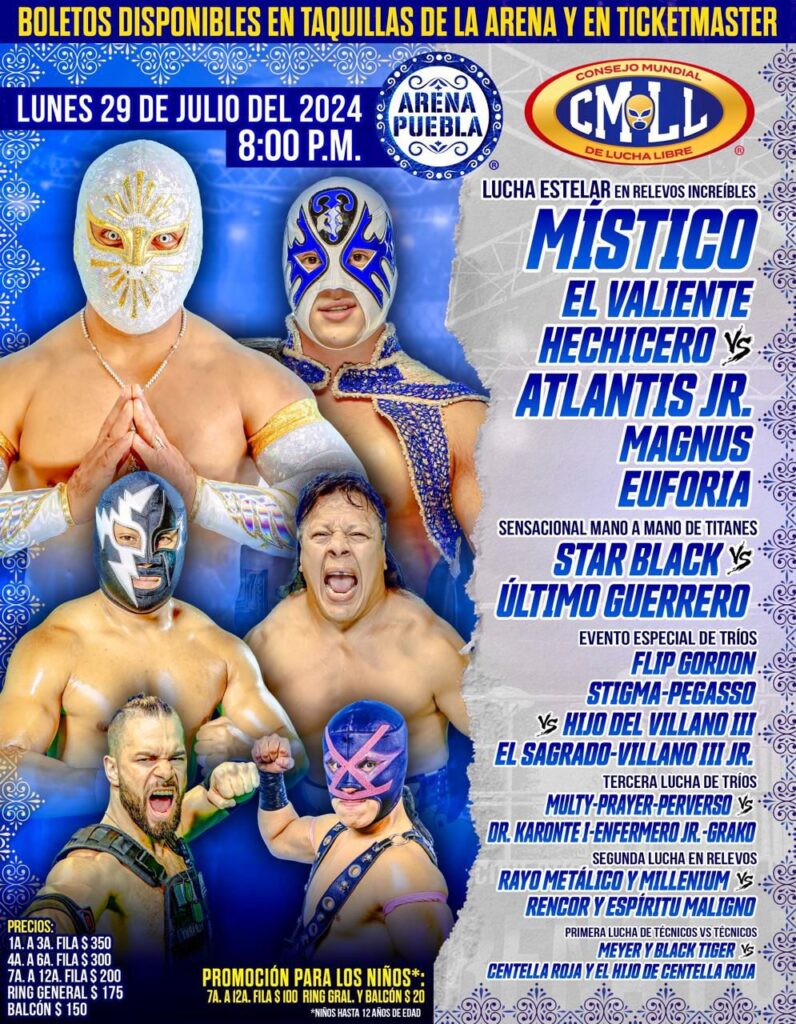 LUCHA ESTELAR en la Arena Puebla: Místico, el Valiente y Hechicero vs Atlantis Jr., Magnus y Euforia