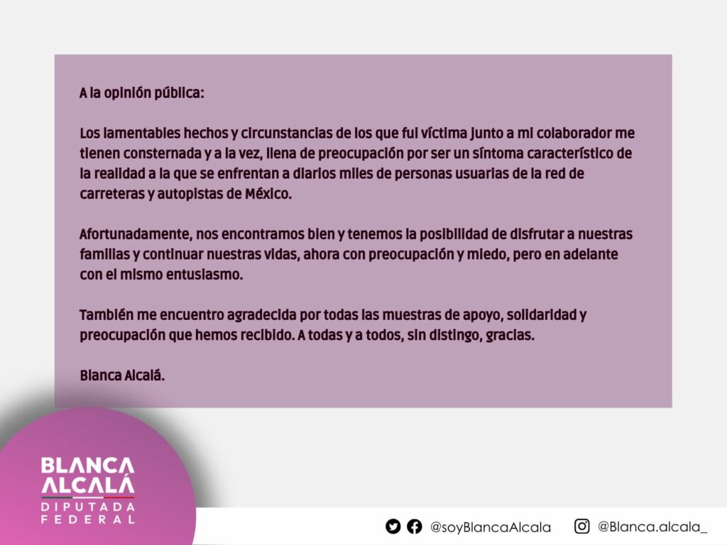 "Estamos bien": Confirma Blanca Alcalá secuestro exprés y asalto en Chalco
