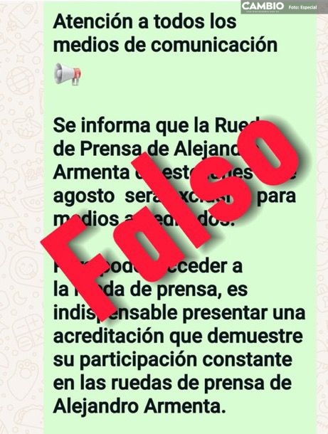 Alerta equipo de Armenta de mensaje fake para cobertura periodística.