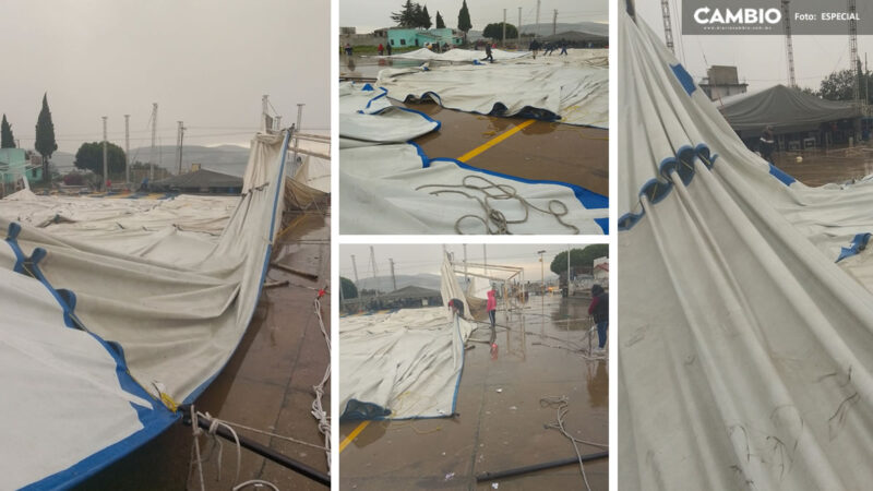 Lonas de la iglesia y del baile en la Junta auxiliar de Santa Isabel Tepetzala caen tras mal tiempo climático