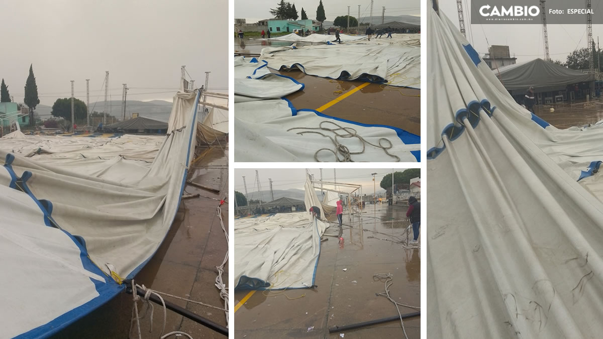 Lonas de la iglesia y del baile en la Junta auxiliar de Santa Isabel Tepetzala caen tras mal tiempo climático