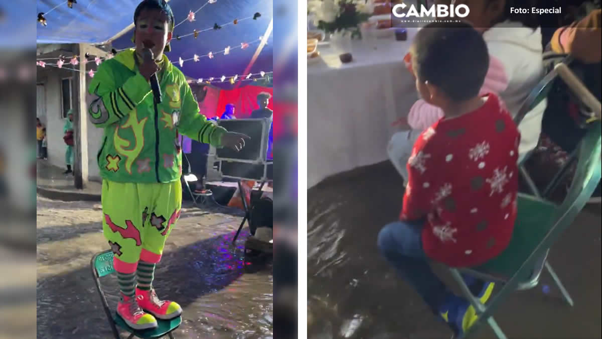VIDEO: Payasito da show sobre escenario inundado en Amozoc ¡Ni la lluvia lo pudo detener!